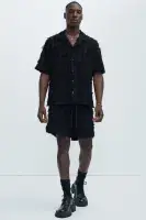 Frayed Jacquard Linen Shorts(Black,S)